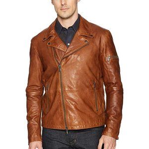 John Varvatos Men's Leather Moto Jacket with Asymmetrical Zip Closure Size Large